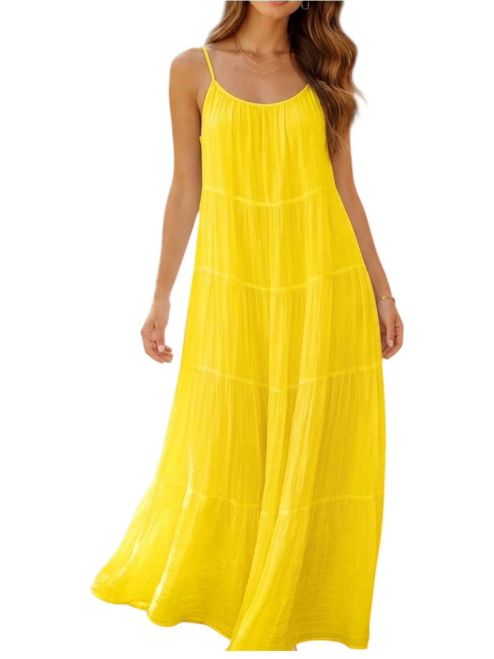 NWT Aakaa Yellow Tiered Spaghetti Strap Summer Maxi Dress Boho Size Large